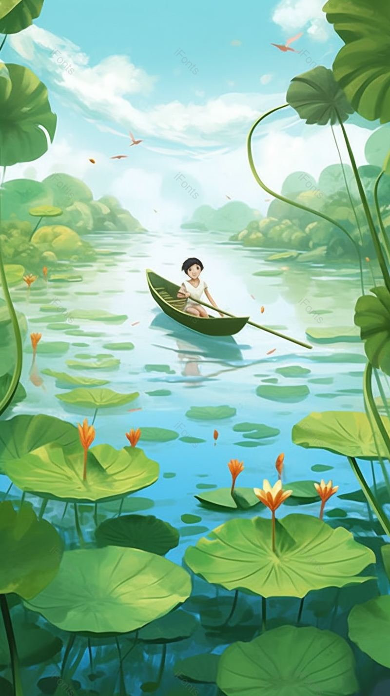 盛夏绿色的夏天划船在荷叶荷花盛开的池塘里玩耍,插画/手绘图,插画/手绘图库,插画/手绘图下载,插画/手绘